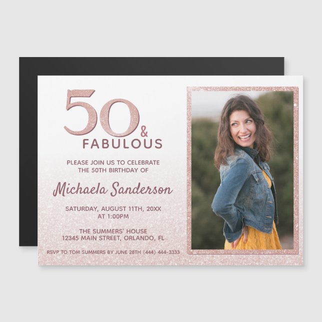 50 och Fabulous Ro Guld Glitter Elegant Birthday Magnetisk Inbjudningskort (Fram/baksida)