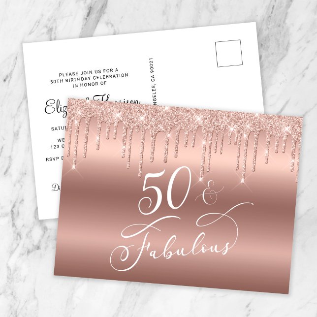 50 och Fabulous Ro Guld Glitter Födelsedagsfest Inbjudan Vykort (Skapare uppladdad)