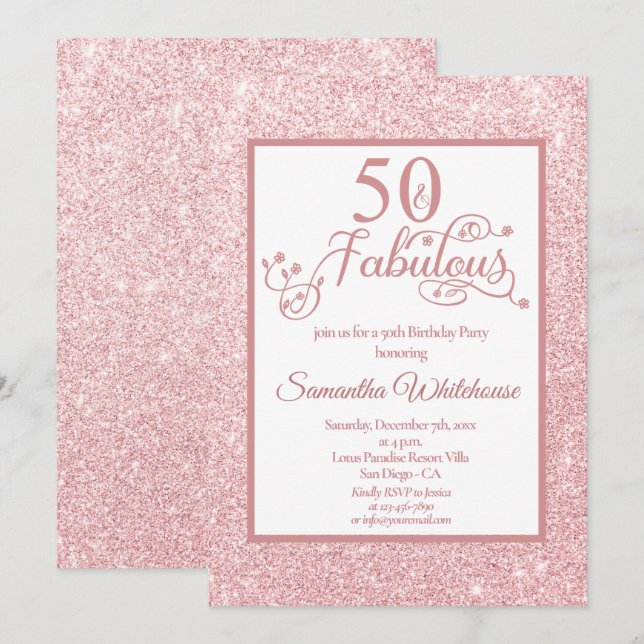 50 och Fabulous Ro Guld Glitter Födelsedagsfest Inbjudningar (Fram/baksida)