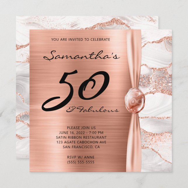 50 och Fabulous Ro Guld och White Agate Birthday Inbjudningar (Fram/baksida)