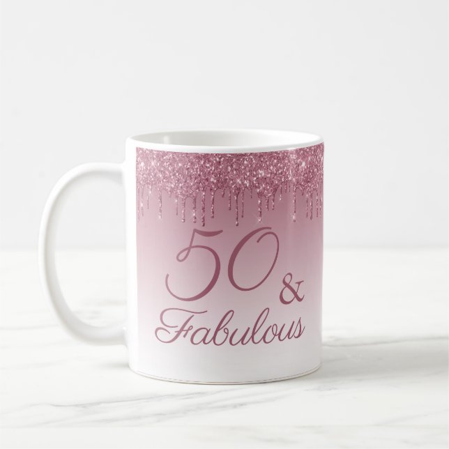 50 och Fabulous Ro Guld Rosa Dripping Glitter Kaffemugg (Vänster)