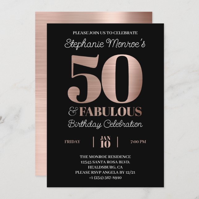 50 och Fabulous Ro Guld Typography Birthday Inbjudningar (Fram/baksida)