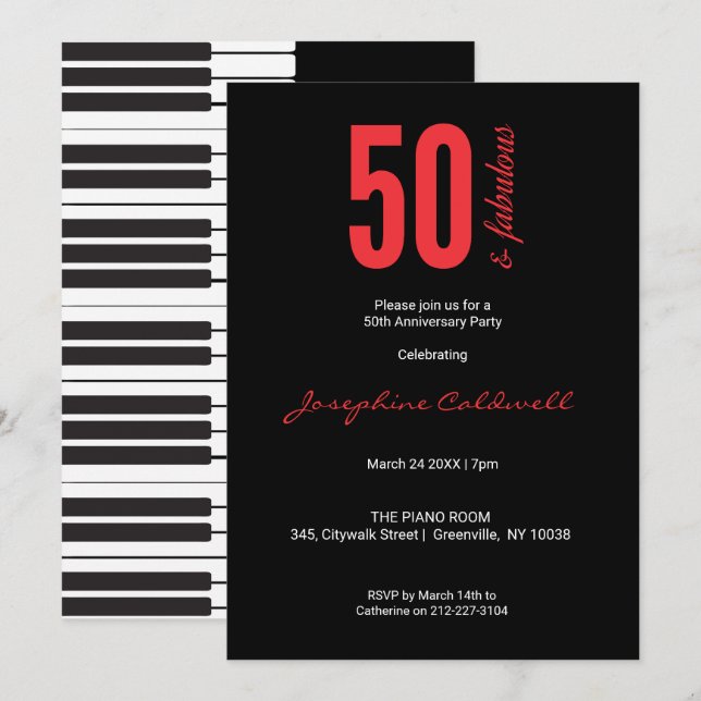 50 och Fabulous Roligt Red & Black Birthday Inbjudningar (Fram/baksida)