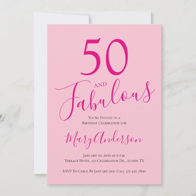 50 och Fabulous  Rosa 50:e Födelsedagsfesten Inbjudningar (Framsida)