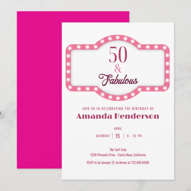 50 och Fabulous Rosa Birthday Inbjudningar (Fram/baksida)