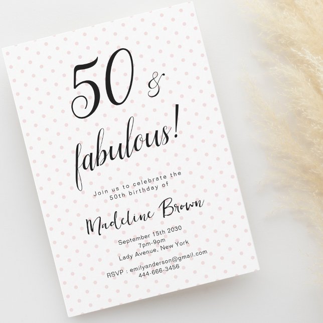 50 och Fabulous Rosa Black 50:e födelsedagen Inbjudningar (50 and fabulous birthday invitation, pink polka dots.)