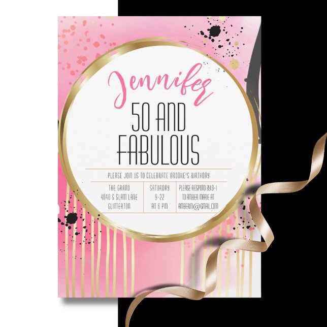 50 och Fabulous Rosa Black Glam 50:e födelsedagen Inbjudningar (Skapare uppladdad)