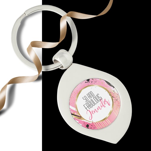 50 och Fabulous Rosa Black Glamous Modern Bold Swirl Silverfärgad Nyckelring (Skapare uppladdad)