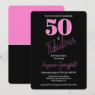 50 och Fabulous Rosa Black Modern 50:e födelsedage Inbjudningar