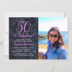 50 och Fabulous Rosa Black Photo Födelsedagsfest Inbjudningar