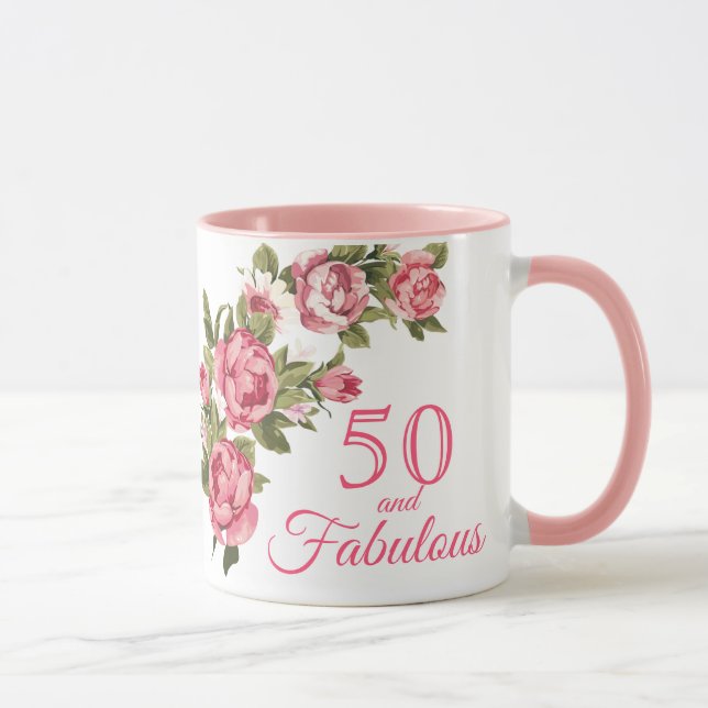 50 och Fabulous Rosa Blommigt | 50:e födelsedagspr Mugg (Höger)