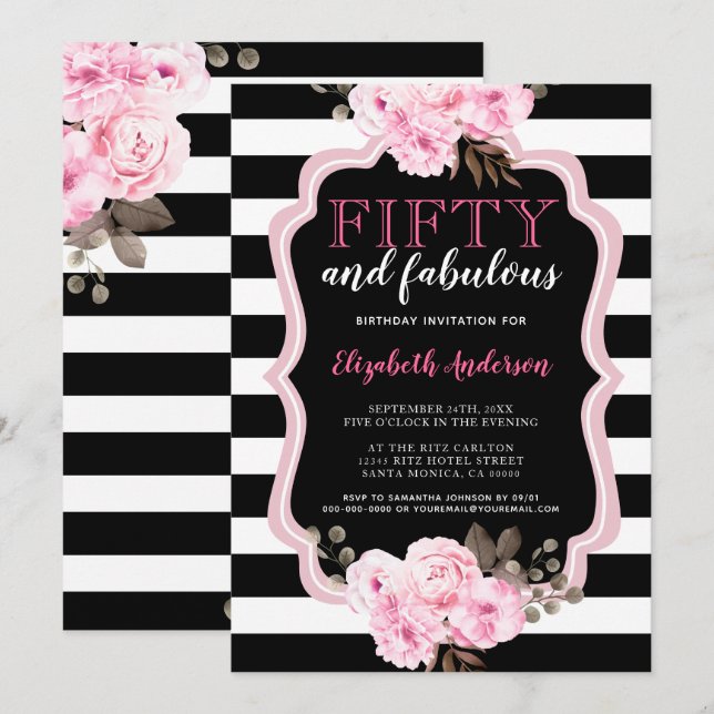 50 och Fabulous Rosa Blommigt Black Rand Inbjudningar (Fram/baksida)