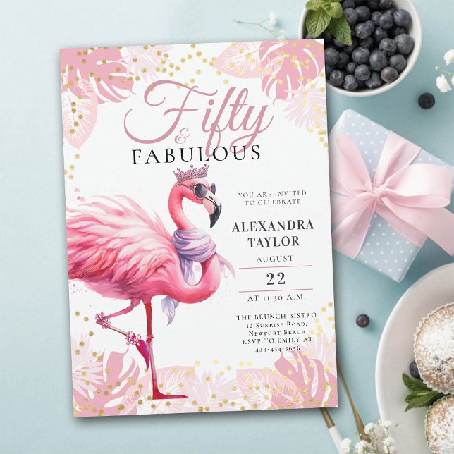 50 och Fabulous Rosa Flamingo Funny 50:e födelseda Inbjudningar (50 and fabulous birthday invitation funny pink flamingo tiara watercolor)