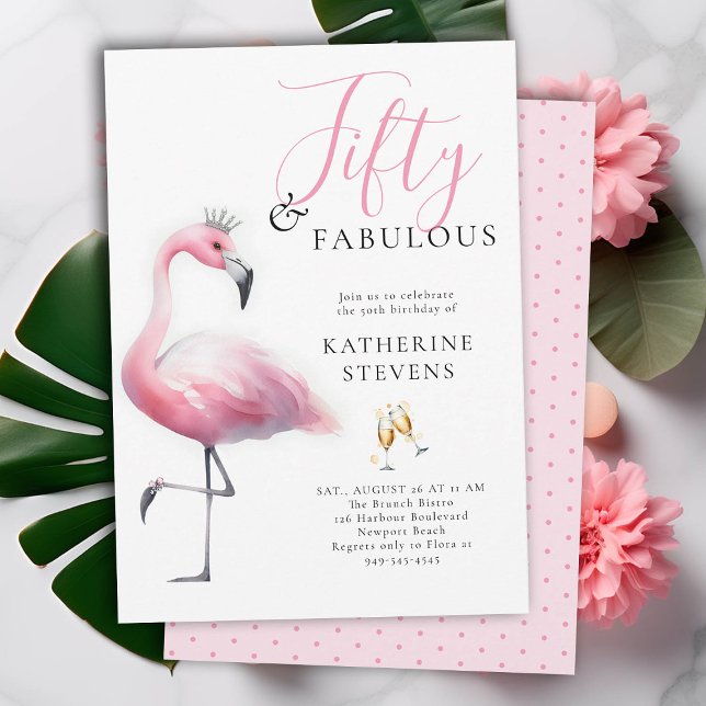 50 och Fabulous Rosa Flamingo Tiara 50:e födelseda Inbjudningar (50 and fabulous birthday invitation funny pink flamingo tiara watercolor modern classy)