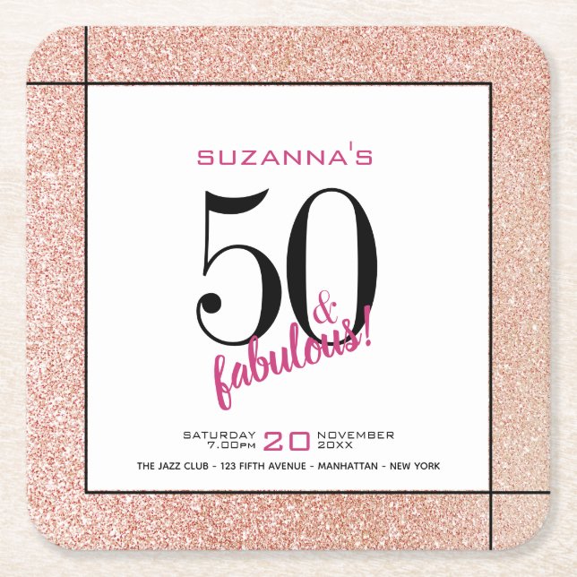 50 och Fabulous Rosa Glitter Party-inbjudan Underlägg Papper Kvadrat (Framsidan)