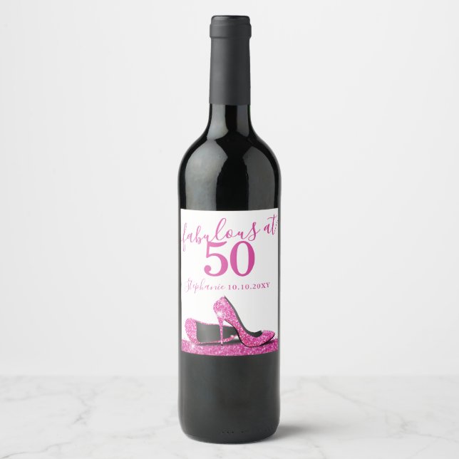 50 och Fabulous Rosa Heels Birthday Sparkling Vin Vinflaska Etikett (Framsida)