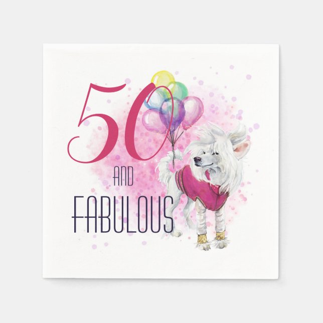 50 och Fabulous Rosa Hund with Balloons Watercolor Pappersservett (Framsidan)