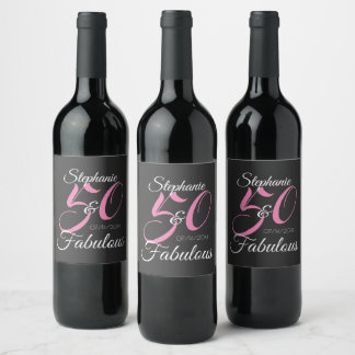 50 och Fabulous Rosa Personlig Födelsedagsfest Vinflaska Etikett