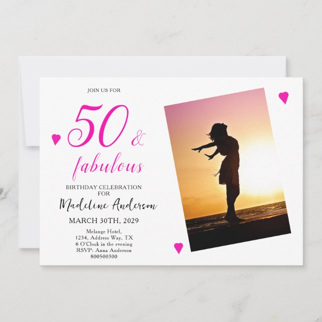 50 och Fabulous Rosa Photo 50:e födelsedagsfesten Inbjudningar (Framsida)