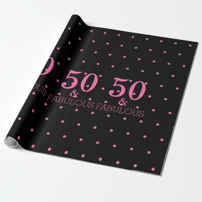 50 och Fabulous Rosa Polka dots Black Cute Girly Presentpapper (Utrullad)