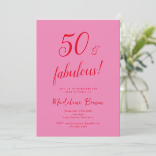 50 och Fabulous Rosa Red Modern 50:e födelsedagen Inbjudningar