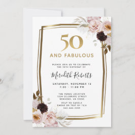 50 och Fabulous Rosa ros Guld Metallic Birthday Inbjudningar