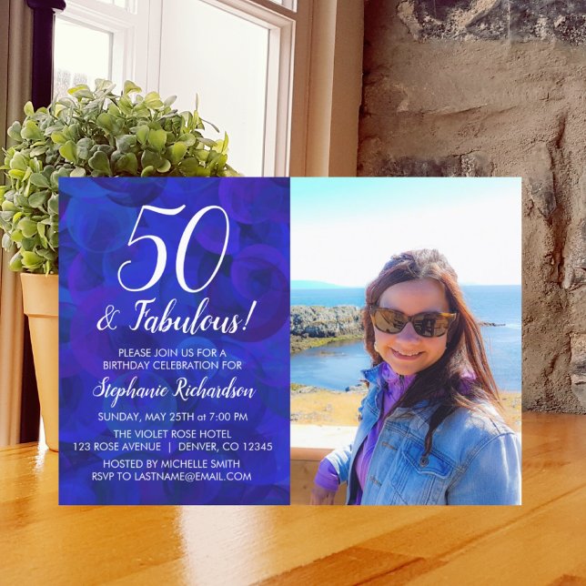 50 och Fabulous Royal Blue Photo Födelsedagsfest Inbjudningar (Skapare uppladdad)