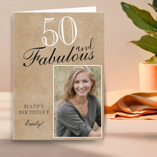 50 och Fabulous Rustic Elegant Birthday Photo Kort (Skapare uppladdad)