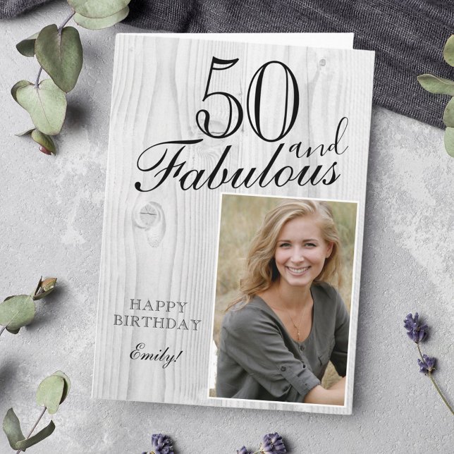 50 och Fabulous Rustic Wood Elegant Birthday Photo Kort (Skapare uppladdad)