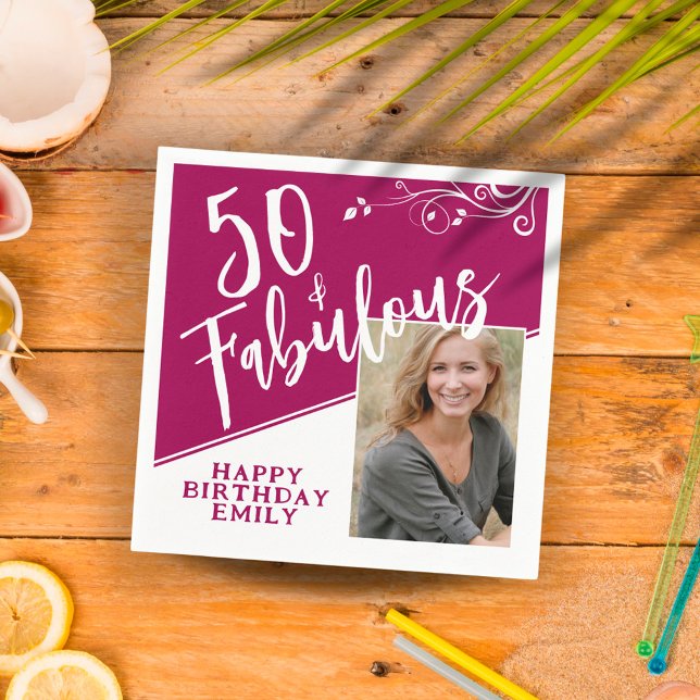 50 och Fabulous Script Photo Magenta 50:e födelsed Pappersservett (Skapare uppladdad)