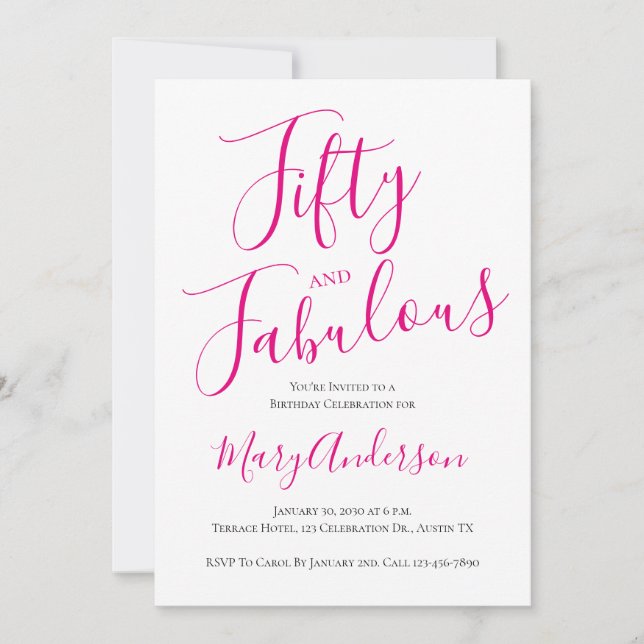50 och Fabulous Script Rosa 50:e Födelsedagsfesten Inbjudningar (Framsida)