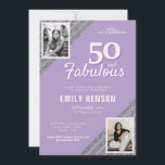 50 och Fabulous Silver Glitter 2 Photo Birthday Inbjudningar<br><div class="desc">Lila 50 och Fabulous Silver Glitter 2 Photo 50:e födelsedagsinbjudan till överraskningspartiet. Modern och elegant teal och faux silver glitter födelsedagsinbjudan till henne. Lägg till foton - du kan använda ett gammalt och ett nytt foto. Du kan ändra all text.</div>