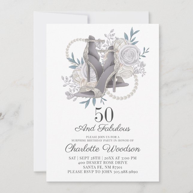 50 och Fabulous Silver Glitter Dancing Shoes Inbjudningar (Framsida)