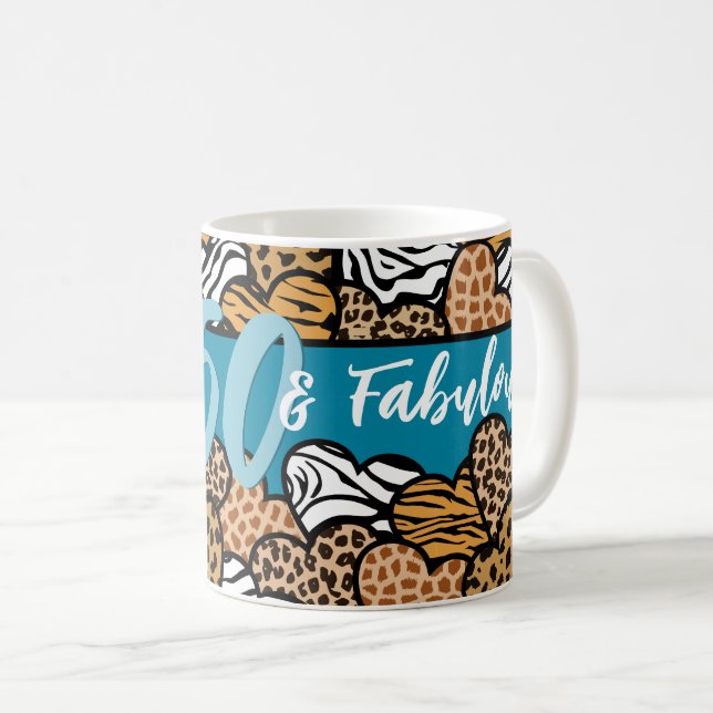 50 och Fabulous Snyggt Teal Animal Print Hearts Kaffemugg (Framsida höger)
