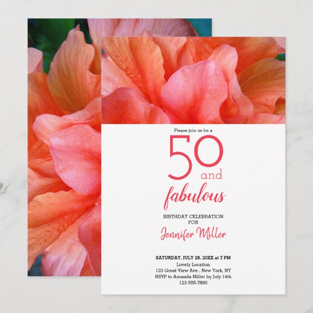 50 och Fabulous Tropical Flower Photo Birthday Inbjudningar (Fram/baksida)