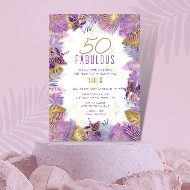 50 och Fabulous Tropical Lila Guld 50:e födelsedag Inbjudningar (Skapare uppladdad)