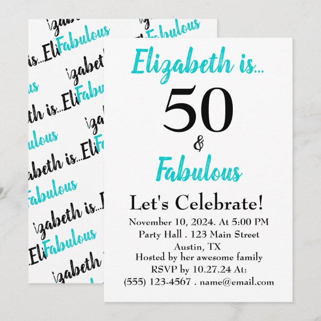 50- och Fabulous Turcos Black Script-inbjudan Inbjudningar (Fram/baksida)