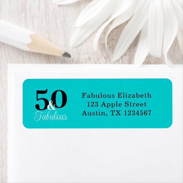 50 och Fabulous Turcos Blue and Black Returadress Etikett (Insitu)