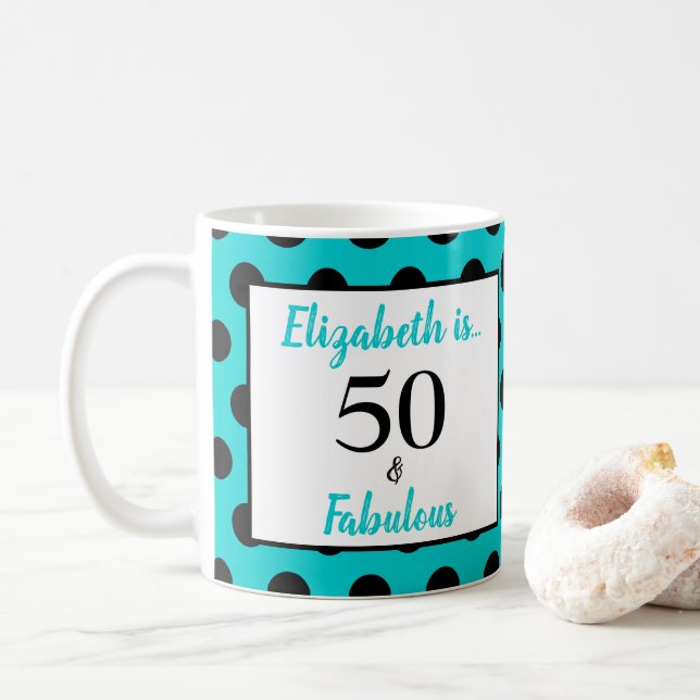50 och Fabulous Turcos Blue Black Polka Dot Kaffemugg (Med munk)