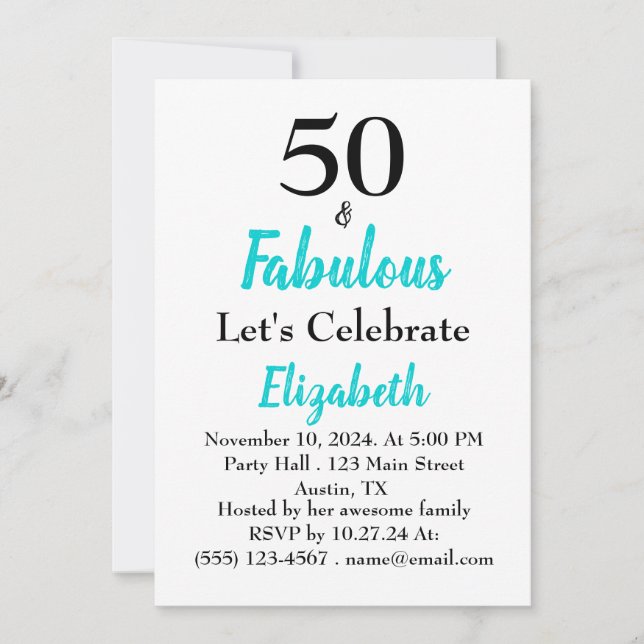 50 och Fabulous Turquise Birthday Inbjudningar (Framsida)