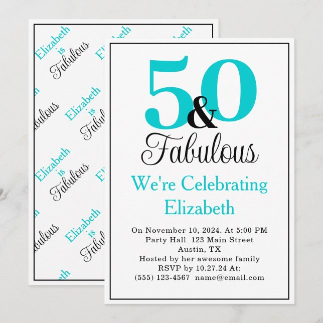 50 och Fabulous Turquise Blue on White Inbjudningar (Fram/baksida)