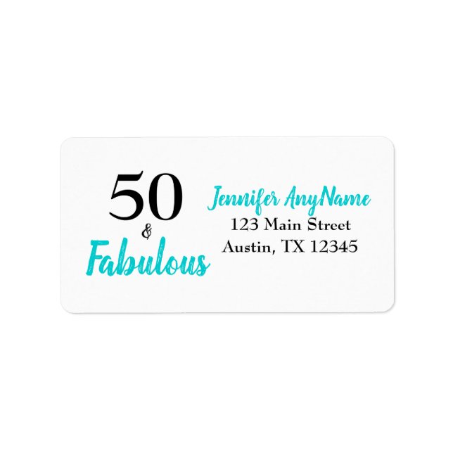 50 och Fabulous Turquise Födelsedagsfest Adressetikett (Framsidan)