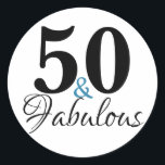 50 och Fabulous Typography 50 Birthday Runt Klistermärke<br><div class="desc">"50 och Fabulous" 50:e födelsedagsetiketten. Ord"50 och Fabulous" är inställda med populär typografi.färgen blå och svart text kan ändras med redigeringsmenyn.</div>