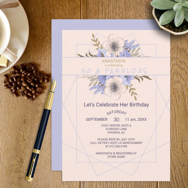 50 och Fabulous Violet Peach Ro Födelsedagsfest Inbjudningar (Easy to personalize floral pastel rose party invitation for the event planner. See the collection.)