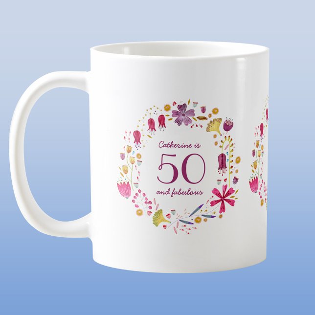 50 och Fabulous Watercolor Blommigt Namn Birthday Kaffemugg (Fifty and Fabulous personalized floral coffee mug)