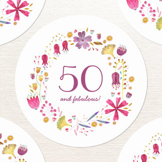 50 och Fabulous Watercolor Blommigt Wandeans Runt Klistermärke