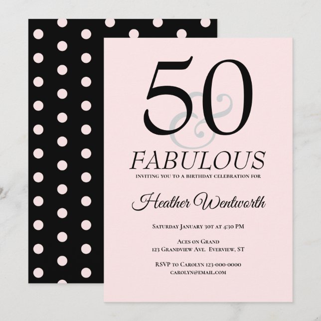 50 och fantastisk 50-års födelsedag Blush Rosa Inbjudningar (Fram/baksida)