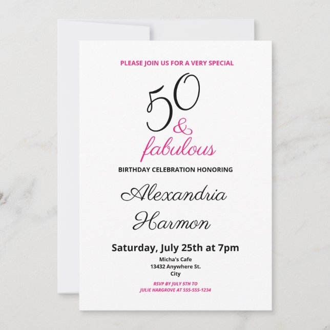 50 och fantastisk 50-årsfest rosa inbjudningar (Framsida)