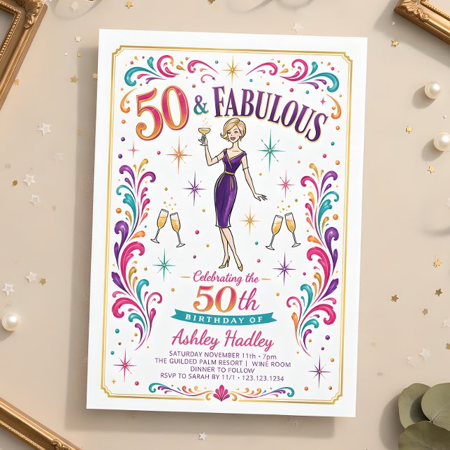 50 och fantastisk Champagne 50-årsdag Inbjudningar (Skapare uppladdad)