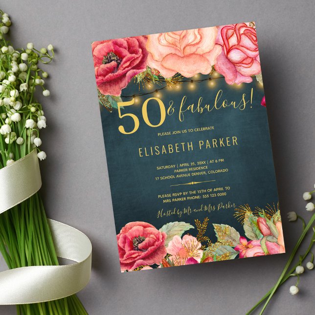 50 och fantastisk elegant för blommigt 50:e födels inbjudningar (Skapare uppladdad)